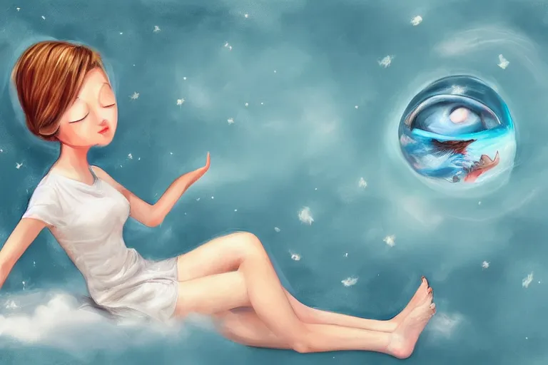 Image similar to a cute beautiful girl sitting on a cloud relaxing, digital painting, portrait, fish eye lens,