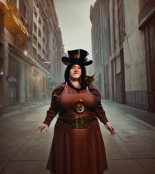 Image similar to portrait of a steampunk fat woman, volumetric lighting, cinematic,4k,35mm,street photo, epic