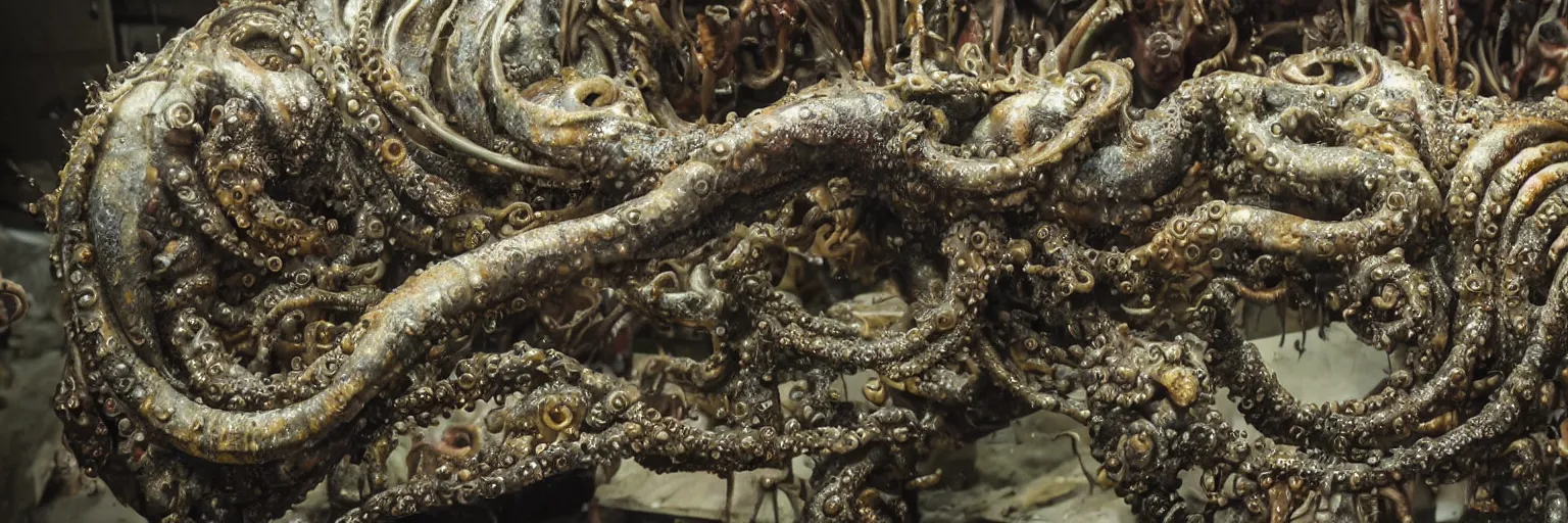 Image similar to low wide angle photo taken of an epic intricate, ultra detailed, super realistic gritty, hero prop, exquisitely painted animatronic movie prop of a wet slimy grotesque nightmarish hellish mutant cephalopod creature displayed in the workshop, created by weta workshop, full body shot, photorealistic, sharp focus