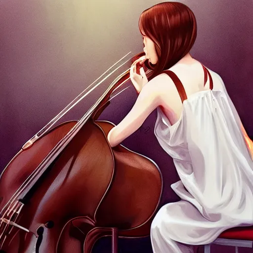 Prompt: a young asian girl in a white slip dress playing a cello in the sun by artgerm.