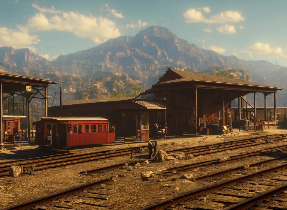 Prompt: a train station as red dead redemption 2 concept art, historical setting, desert environment, serene lighting, atmospheric, cinematic, gorgeous, in the style of diego koi, gina heyer, luiz escanuela, art by alyssa monk, hyperrealism, rule of thirds, golden ratio, oil on canvas, 8 k