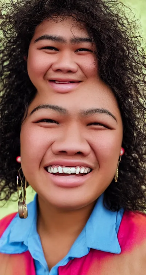 Image similar to close up photograph of a single fat filipino teenage boy smiling with crooked teeth, with a curly perm, and with small studded earings, 4 k, photorealistic, high detail by annie leibovitz