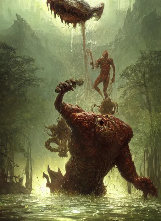 Prompt: huge hulking brute swamp demon king emerging from lake on alien planet, splashing, by sergey kolesov and lawrence alma tadema and norman rockwell and greg staples and craig mullins and john berkey and ruan jia, artstation creature art