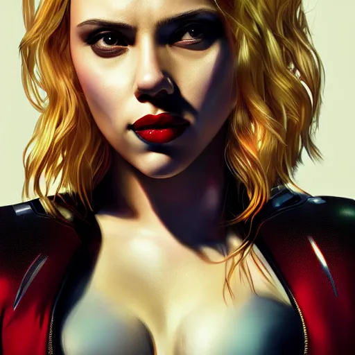 Image similar to Scarlett Johansson as Harley Quinn, digital portrait, artstation, cgsociety, 4k, high detail