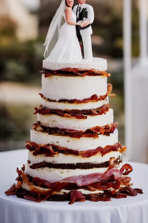 Image similar to a wedding cake made of bacon, professional food photo, bride and groom on top of the wedding cake,