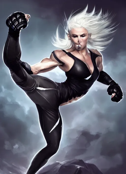 Image similar to a highly detailed illustration of fierce ponytail platinum blonde woman wearing black mma gear and gloves, dramatic powerful kicking pose, fairly muscular, athletic, intricate, elegant, highly detailed, centered, digital painting, artstation, concept art, smooth, sharp focus, league of legends concept art, WLOP