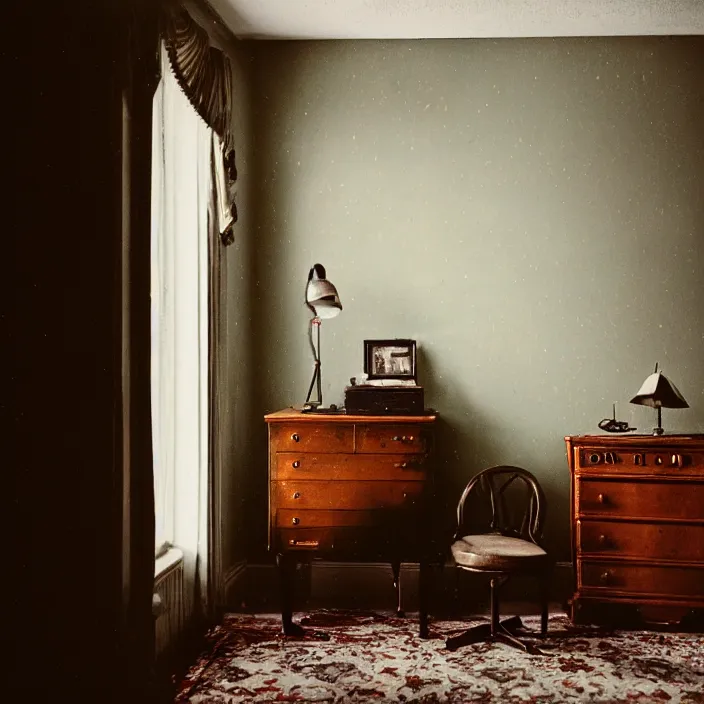 Image similar to kodak portra 4 0 0, wetplate, fisheye, award - winning portrait by britt marling, 1 9 2 0 s room, ghost, picture frames, shining lamps, dust, smoke, 1 9 2 0 s furniture, wallpaper, carpet, books, muted colours, wood, fog,