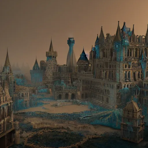 Prompt: dark fantasy, ruined city with palace made out of blue quartz in the middle, cinematic, ultrarealistic, intricate detail, finely detailed, small details, extra detail, high resolution, volumetric lighting, octane render, 8 k, ultradetailed, photorealistic
