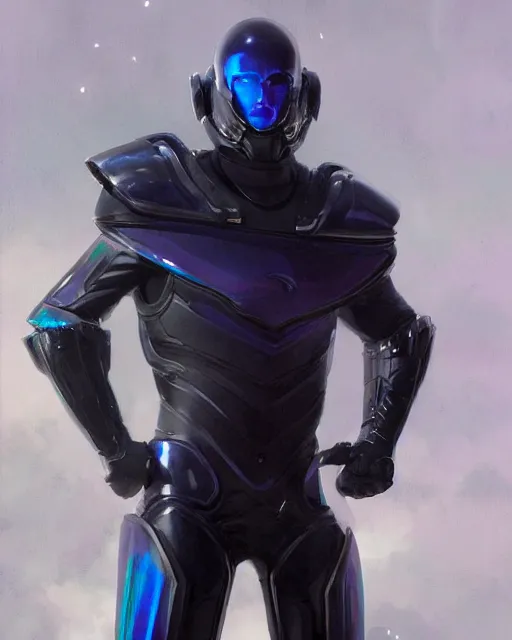 Prompt: character concept of iridescent sinewy smooth lean muscular male sleek glossy indigo black pearlescent scifi armor with continuous smooth black featureless helmet, by greg rutkowski, mark brookes, jim burns, tom bagshaw, magali villeneuve, trending on artstation