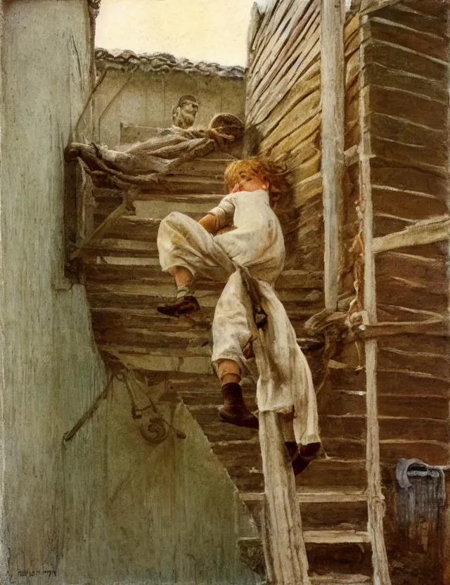 Image similar to peasant boy climbing stairs to the roof of a house, cottage core, cinematic focus, polaroid photo bleached vintage pastel colors high - key lighting, soft lights, foggy, by steve hanks, by lisa yuskavage, by serov valentin, by tarkovsky, detailed, oil on canvas