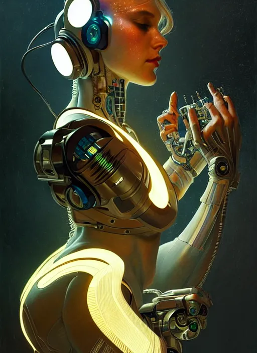 Image similar to cyborg DJ mixing on stage , diffuse lighting, fantasy, intricate, elegant, highly detailed, lifelike, photorealistic, digital painting, artstation, illustration, concept art, smooth, sharp focus, art by John Collier and Albert Aublet and Krenz Cushart and Artem Demura and Alphonse Mucha