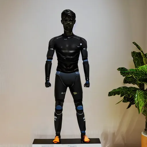 Image similar to a realistic detailed photo of a guy who is an attractive humanoid who is half robot and half humanoid, who is a male android, soccer player martin ødegaard, shiny skin, posing like a statue, blank stare, in a living room, on display, showing off his muscles