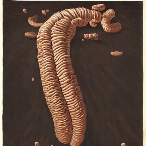 Image similar to by grant wood, by valentin de boulogne midday, dramatic lighting ultradetailed, insane. a installation art of the human intestine in all its glory. each section of the intestine is labelled, & various items & creatures can be seen inside, such as bacteria, food particles, & even a little mouse.