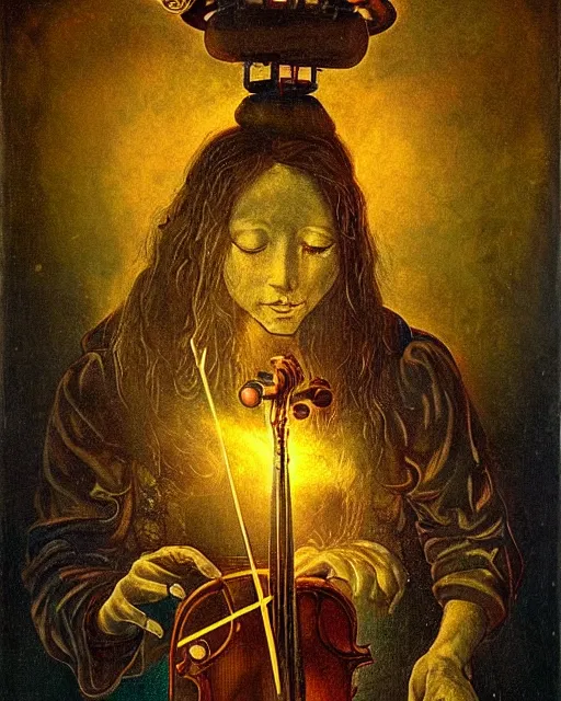 Prompt: a extremely detailed masterpiece of a violin singer in a steampunk, psychedelic symmetric lights and smoke, opening a portal into another dimension, in the style of hieronymus bosch, glowing light and shadow, hyperrealist, 8 k