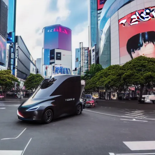 Image similar to tesla cybertruck parked in Shibuya crossing, synthwave