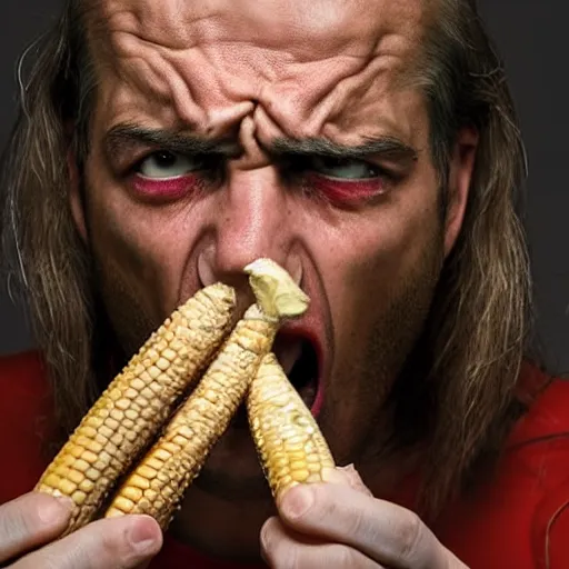 Image similar to extremely detailed portrait closeup of a doctor angrily yelling at a corncob, bloodshot teary eyes and immense anger