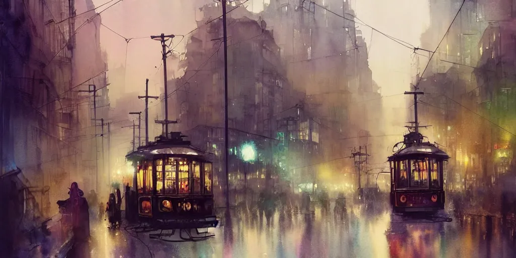 Prompt: a beautiful insanely intricate watercolor illustration of modern tram in the street, reflexions, colorfull, by william turner art, by greg rutkowski, by james jean, by rossdraws, by frank franzzeta, by sakimichan, by edmund dulac, by wlop, trending on artstation, insanely detailed, masterpiece,