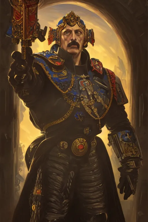 Image similar to igor ivanovich strelkov as warhammer 4 0 k emperor, realistic portrait, symmetrical, highly detailed, digital painting, artstation, concept art, smooth, sharp focus, illustration, cinematic lighting, art by artgerm and greg rutkowski and alphonse mucha