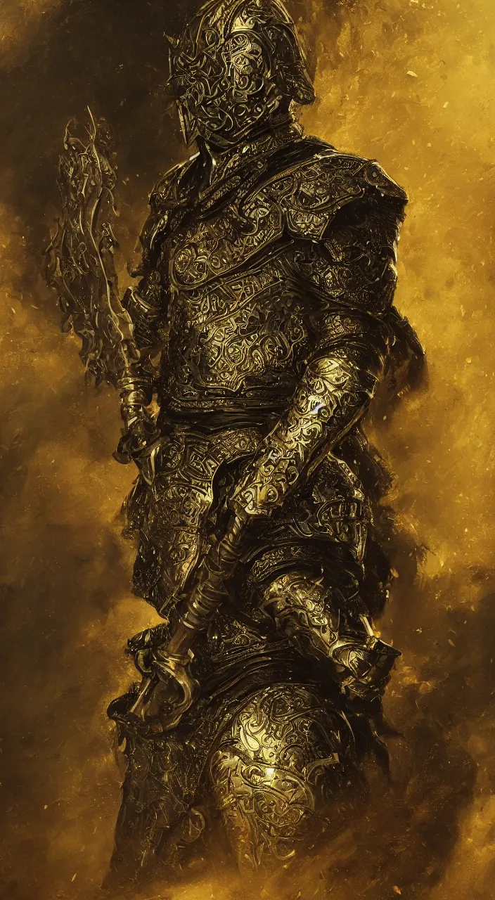 Prompt: Realist highly intricate dark detailed subtle epic baroque painting of a powerful warrior badass divine royal wearing black and gold body armor and brandishing a righteous sword, rich style, depth of field, award winning on artstation cinematic