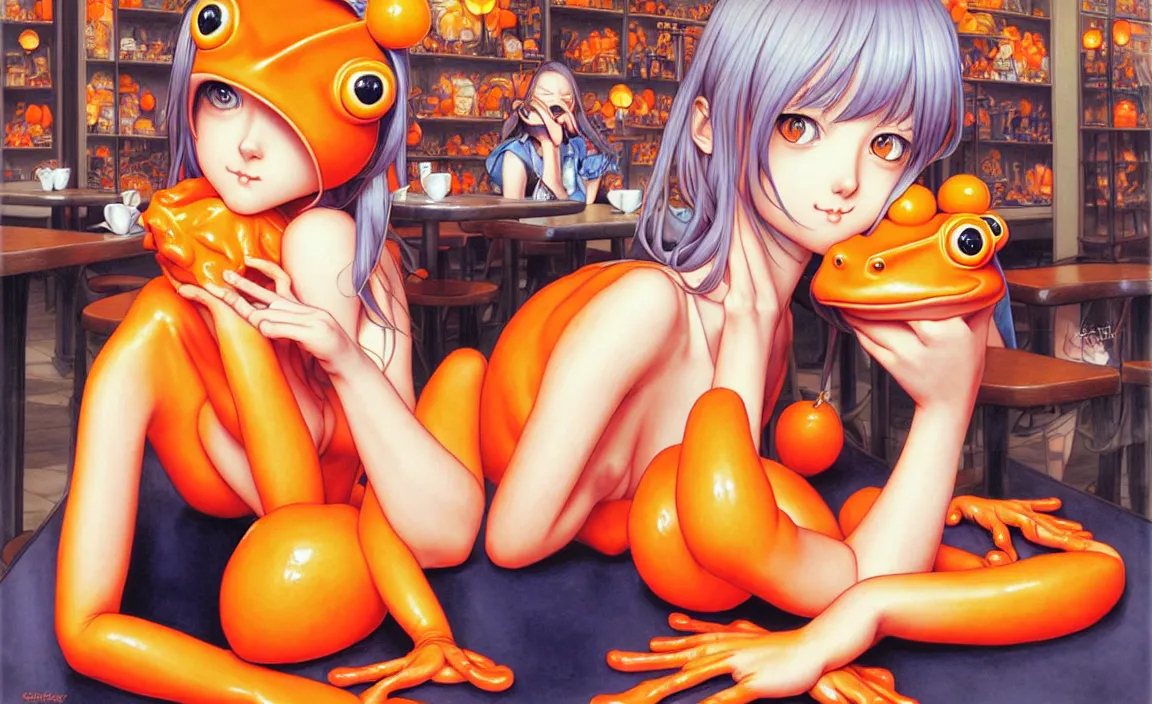 Image similar to a French girl in a café with a giant orange frog. insanely and epically detailed supreme-quality color ink pen artwork, amazingly composed image, illustrated by Range Murata and Artgerm and Stanley Law.