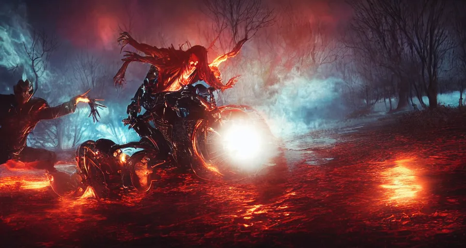 Image similar to Marvel Comics Ghost Rider Battles Morbius In A Misty Swamp, bats, sunset, volumetric lighting, hyperrealistic, beautiful details, HDR, octane render, action shot, wide angle, bokeh, Yasushi Niarasawa Moebius Jim Steranko Style