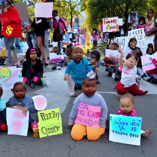 Image similar to babies protesting in front of a daycare center