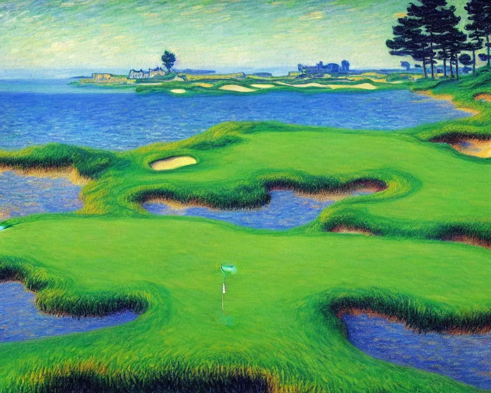 Image similar to achingly beautiful painting of bandon dunes golf course by rene magritte, monet, and turner.