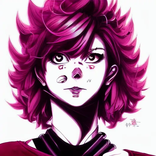 Image similar to mina ashido, heroine, beautiful, malevolent, anger, evil, cybernetic detailed portrait, intricate complexity, in the style of Artgerm, Kazuki Tanahashi, and WLOP, cel-shaded