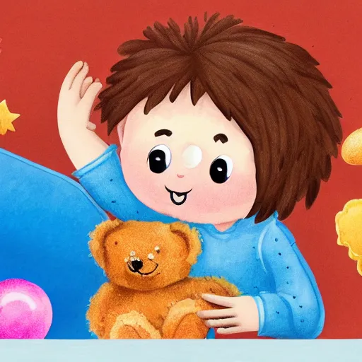 Image similar to little kid in his room holding teddy bear in style of kids book illustration