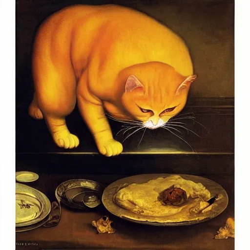 Prompt: realistic baroque painting of a giant fat orange tabby cat preparing to devouring a steaming hot lasagna, oil painting by goya, caravaggio, dramatic lighting, garfield by jim davis