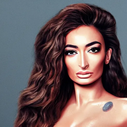 Prompt: an ultra detailed hyperrealistic portrait of Eleni Foureira with an extrene detailed face and eyes at the Eruovision Song Contest singing