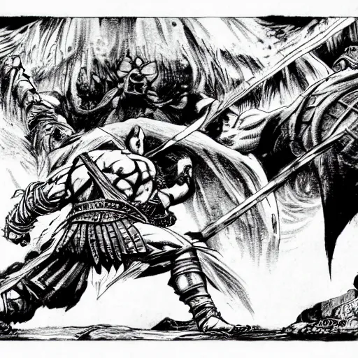 Image similar to god of war, kratos, fight scene still, manga, by kentaro miura