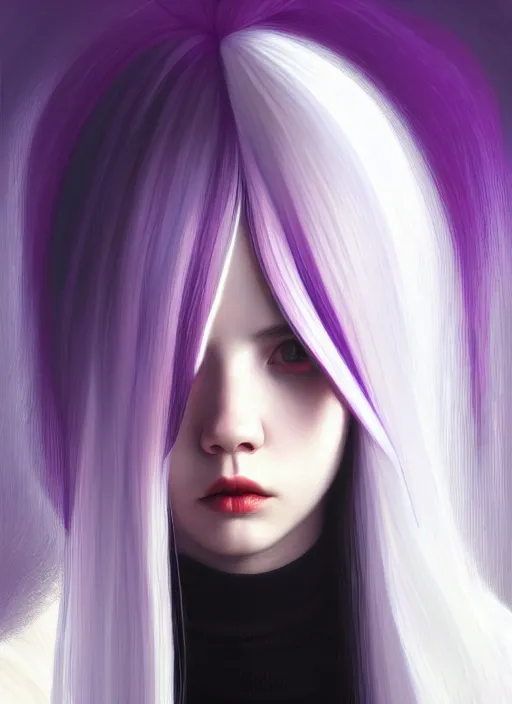 Image similar to hair whitebangs hair, black hair, whitebangs, portrait of teenage girl with white bangs, red irises, purple clothes, white bangs, bangs are different color from hair, intricate, elegant, glowing lights, highly detailed, digital painting, artstation, concept art, smooth, sharp focus, illustration, art by wlop, mars ravelo and greg rutkowski