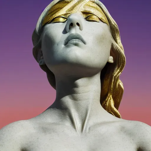 Image similar to a statue made of white marble with gold veins, of a fully dressed beautiful pregnant woman, wearing a dress, perfect symmetrical body, perfect symmetrical face, closed eyes, hyper realistic, hyper detailed, fujicolor superia, bokeh background, full body shot, vatican, by peter kemp, by monia merlo octane render, blender, 8 k