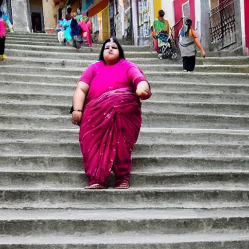 Prompt: an obese Indian woman holding a rollator climbing steps in Porto