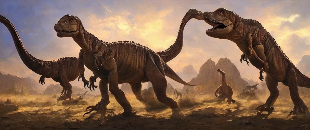 Image similar to oil painting of a dinosaur on canvas, by James gurney, realism, warm lighting, award winning, high detail, professional, volumetric lighting