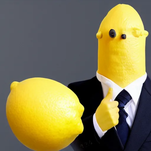 Image similar to a man wearing a suit lemon head