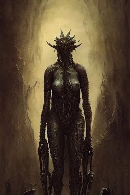 Prompt: portrait of julia garner by hr giger, greg rutkowski, luis royo and wayne barlowe as a diablo, resident evil, dark souls, bloodborne monster