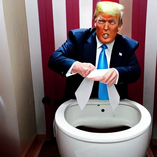 Prompt: donald trump putting peices of paper into a toilet