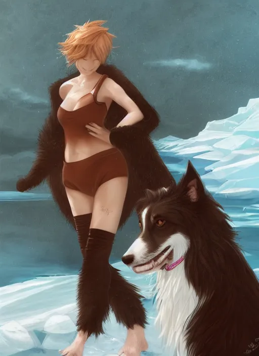 Prompt: beautiful wide angle full body portrait of a cute male anthropomorphic anthro border collie fursona wearing a swimsuit in antarctica, character design by charlie bowater, henry asencio, and ross tran, scenic background, detailed, glamor pose, aesthetic, furry, trending on artstation, furaffinity, deviantart