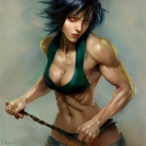 Image similar to muscular fubuki by daniel gerhartz, dark green hair, trending on artstation