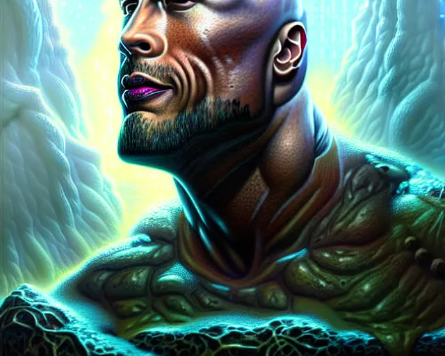 Prompt: lovecraft biopunk portrait of dwayne johnson, fractal background, by tomasz alen kopera and peter mohrbacher