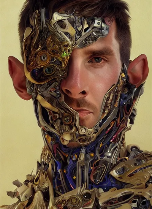 Image similar to lionel messi as a organic cyborg, diffuse lighting, fantasy, intricate, elegant, highly detailed, lifelike, photorealistic, digital painting, artstation, illustration, concept art, smooth, sharp focus, art by john collier and albert aublet and krenz cushart and artem demura and alphonse mucha