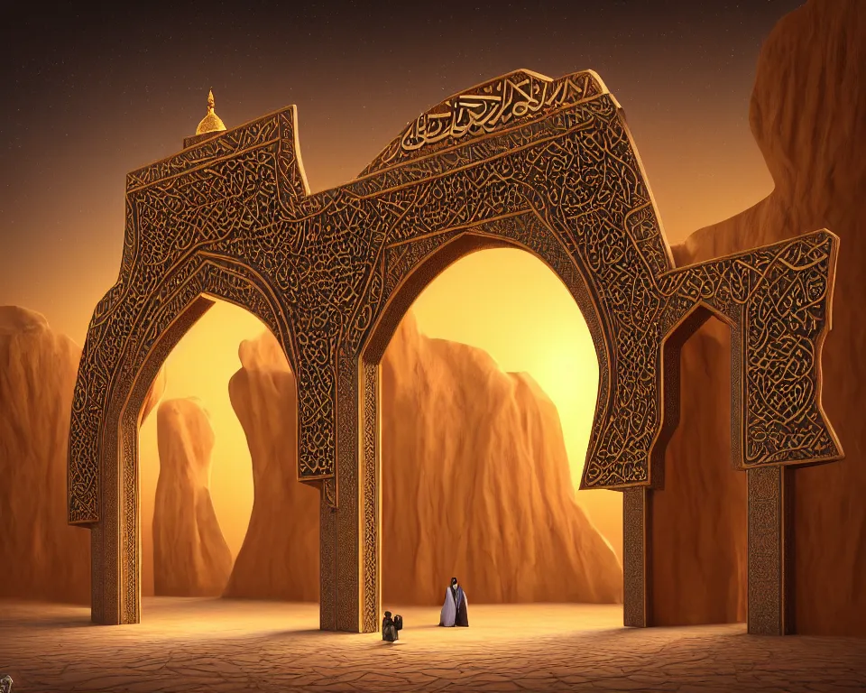 Image similar to an islamic style ornamental gate in the desert opens into an other dimension with different alien landscape. ornament, intarsia, portal, doorway, dynamic lighting, ambient lighting, atmospherical, photorealistic fantasy concept art, trending on art station, stunning visuals, creative, cinematic, ultra detailed