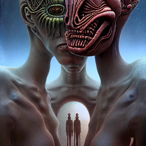 Image similar to alien man with alien woman, full body, portraiture, painted by Beksiński, 4k, intricate details, unreal engine