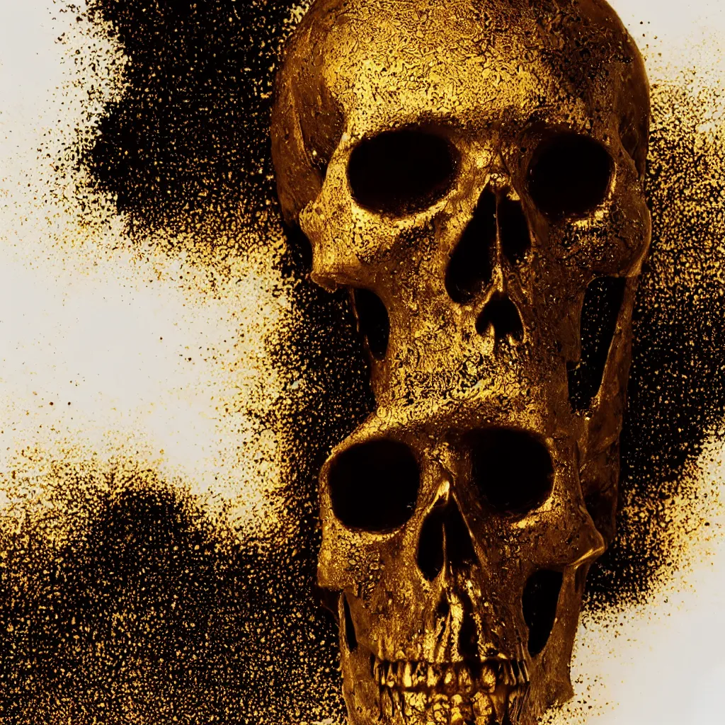 Prompt: black skull covered in thick dripping golden honey, white backdrop, professional studio product photography, HD render, octane render, VRAY, 8K, 4K