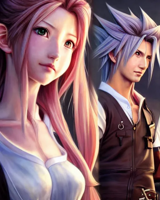 Image similar to character concept art of aerith gainsborough together with cloud strife at gold saucer, istinct - fine, key visual, realistic shaded perfect face, fine details by stanley artgerm lau, wlop, rossdraws, james jean, andrei riabovitchev, marc simonetti, sakimichan, and jakub rebelka, trending on artstation