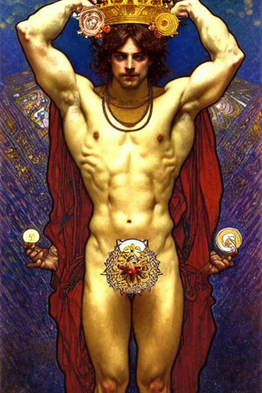 Image similar to a god wearing clothes and golden crown, holding a star, muscular, flowers, amazing, tarot art, painting by greg rutkowski, alphonse mucha, gustav klimt