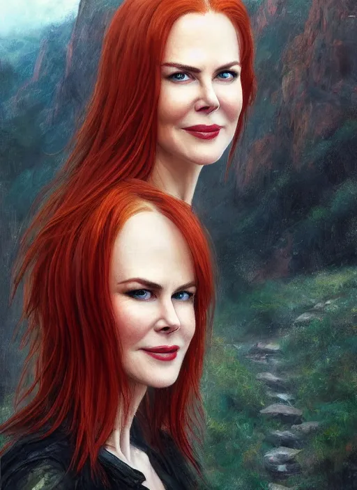 Image similar to nicole kidman with red hair, long haircut, beautiful highly detailed face, complementary lighting, backlit, black eyeshadow, grinning, adventure, dramatic lighting, landscape background, beautiful painting by artgerm and greg rutkowski and raymond swanland