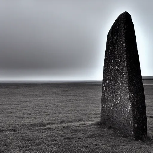 Image similar to 'The grim reaper stands large in front of neolithic standing stones of stenness, haunting, fog, grainy, snow, atmospheric clouds'